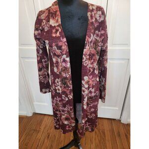 Moa Moa Burgundy/Pink Floral Duster Cardigan Pockets M Boho Hippie Feminine